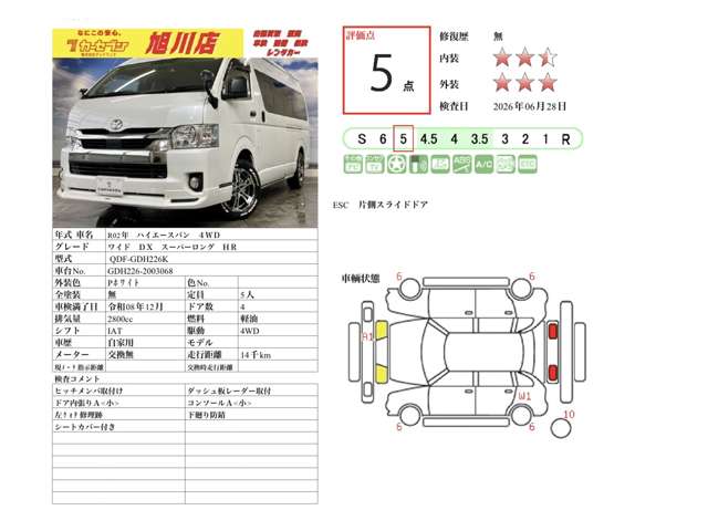 トヨタ ハイエースバン ２．８ ＤＸ ワイド スーパーロング ハイルーフ ＧＬパッケージ ディーゼルターボ ４ＷＤ R2年 (北海道) 99
