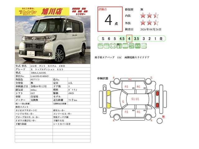ダイハツ タント ６６０ カスタム Ｘ トップエディション ＳＡＩＩＩ ４ＷＤ H30年 (北海道) 99
