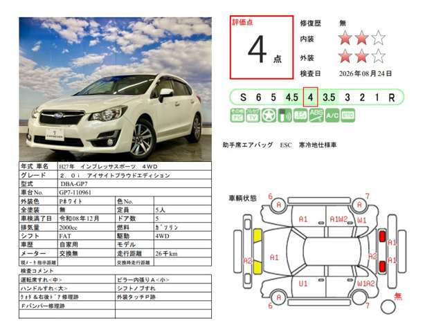 スバル インプレッサスポーツ ２．０ Ｉ アイサイト プラウド エディション ４ＷＤ H27年 (北海道) 99