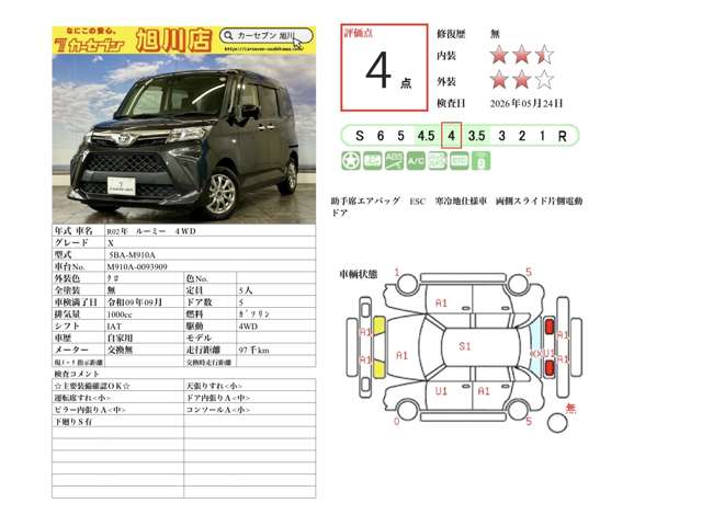 トヨタ ルーミー １．０ Ｘ ４ＷＤ R2年 (北海道) 99