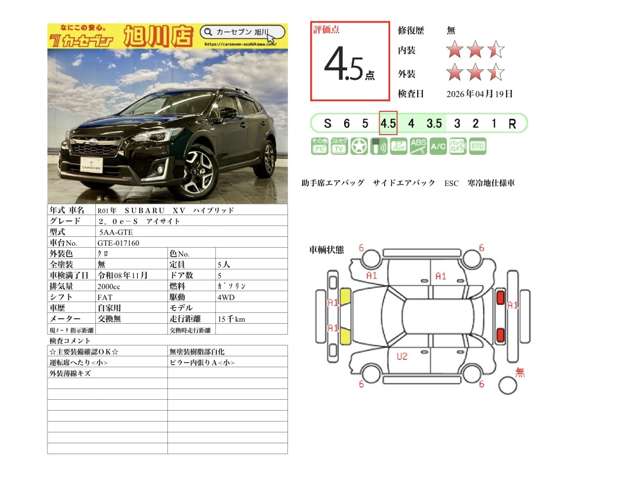 スバル ＸＶ ２．０Ｅ－Ｓ アイサイト ４ＷＤ R1年 (北海道) 99