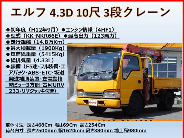 いすゞ エルフ ４．３Ｄ 高床 １０尺平 ３段クレーン H12年 (東海) 99