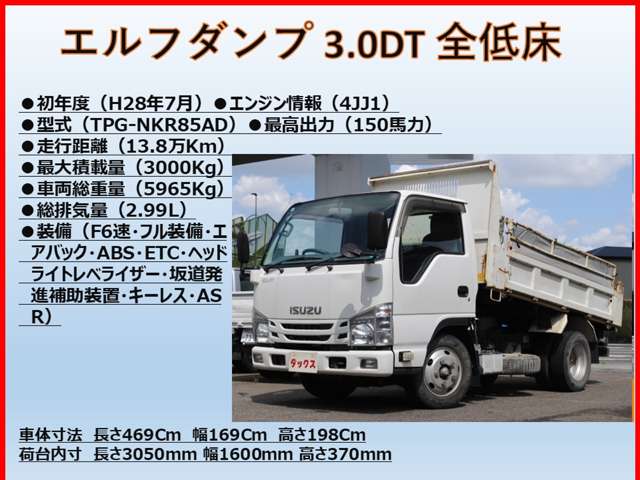 いすゞ エルフ ３．０ＤＴ 強化ダンプ フルフラットロー ３Ｔ H28年 (東海) 99
