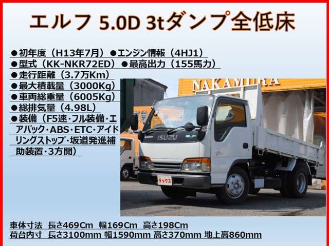 いすゞ エルフ ５．０Ｄ 全低床ダンプ 積載３Ｔ H13年 (東海) 99