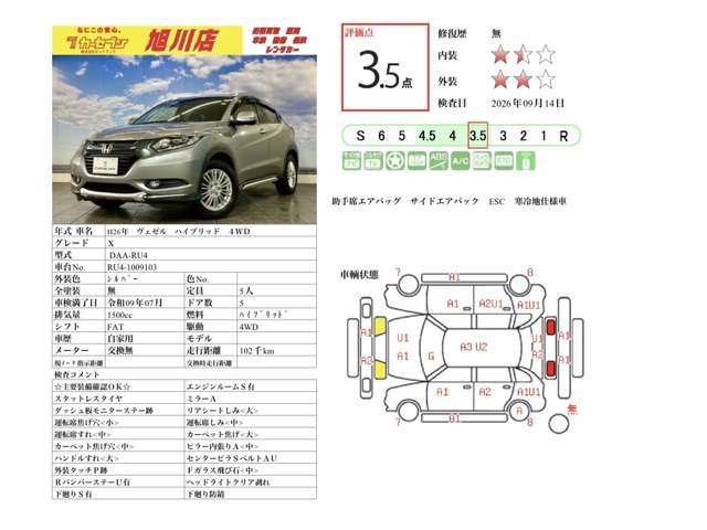 ホンダ ヴェゼル １．５ ハイブリッド Ｘ ４ＷＤ H26年 (北海道) 99