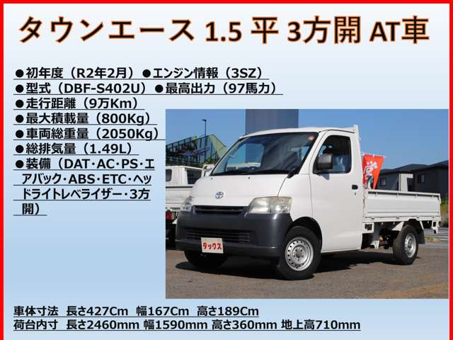 トヨタ タウンエーストラック １．５ ＤＸ シングルジャストロー 三方開 R2年 (東海) 99